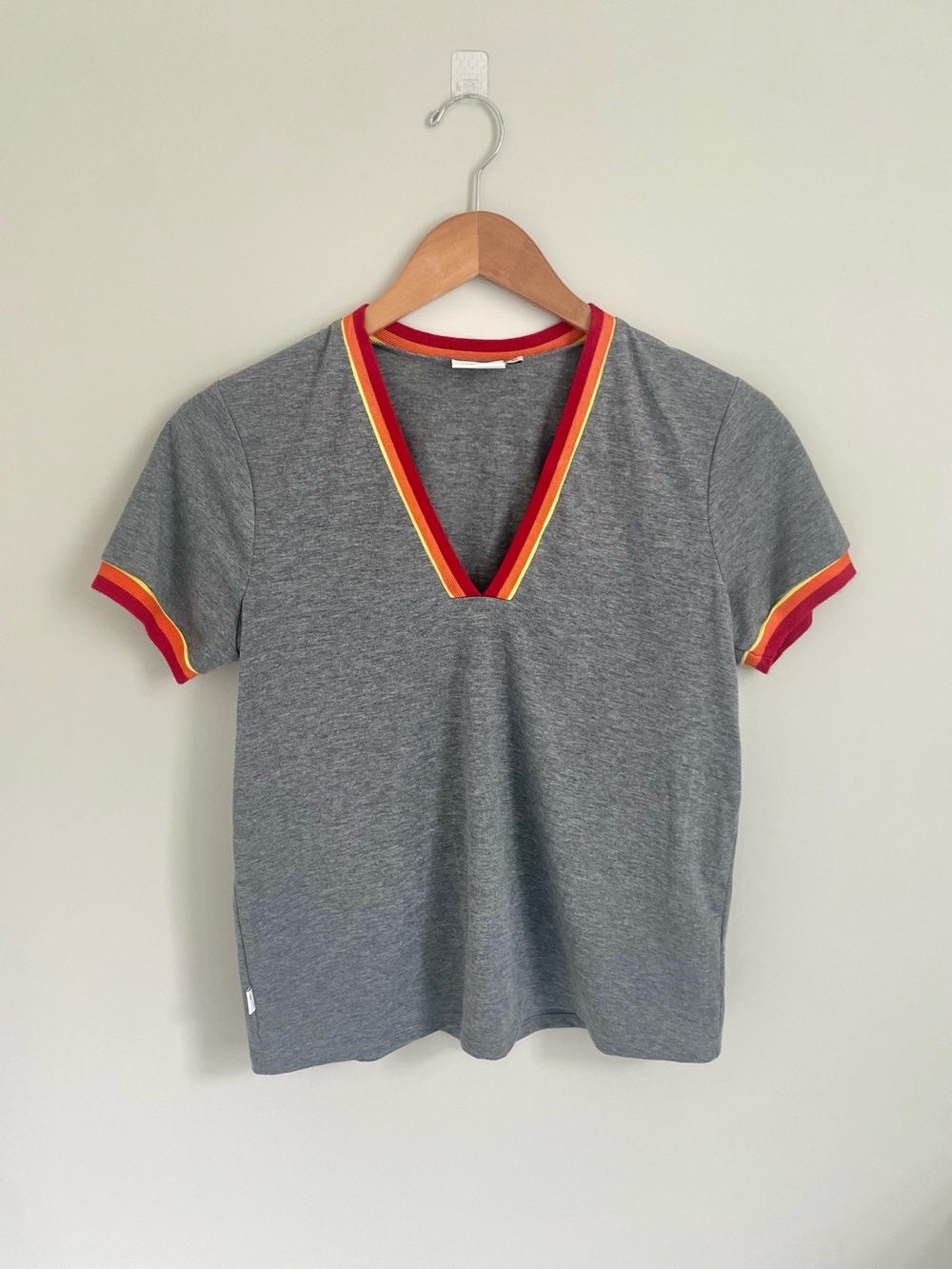 Retro V‑Neck Tee - Gray with Red & Yellow Trim